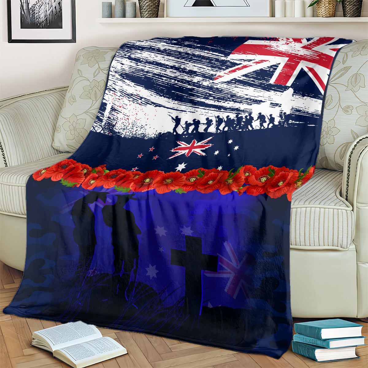 New Zealand and Australia ANZAC Day Blanket Lest We Forget Red Poppy Flowers and Soldier - Vibe Hoodie Shop