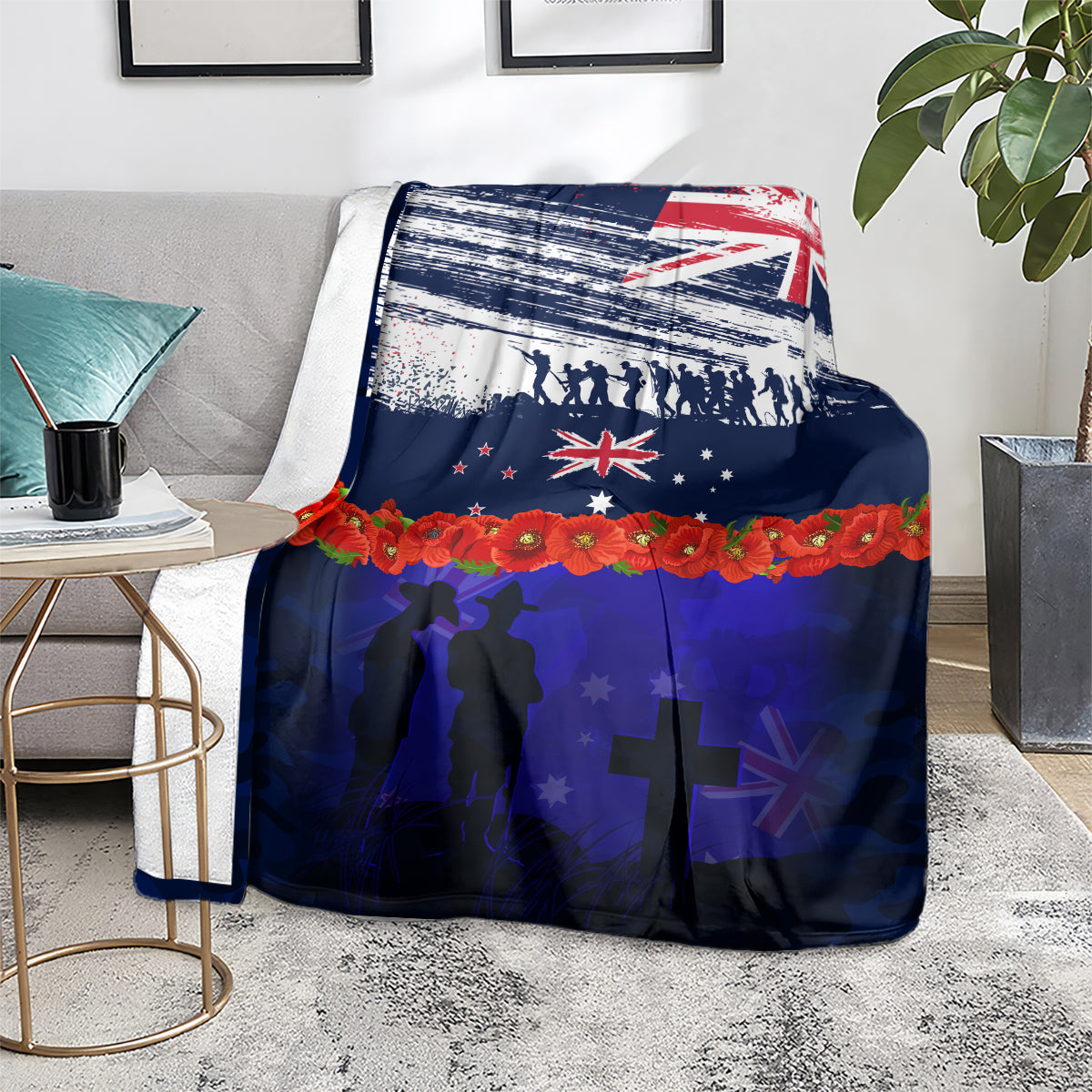 New Zealand and Australia ANZAC Day Blanket Lest We Forget Red Poppy Flowers and Soldier - Vibe Hoodie Shop
