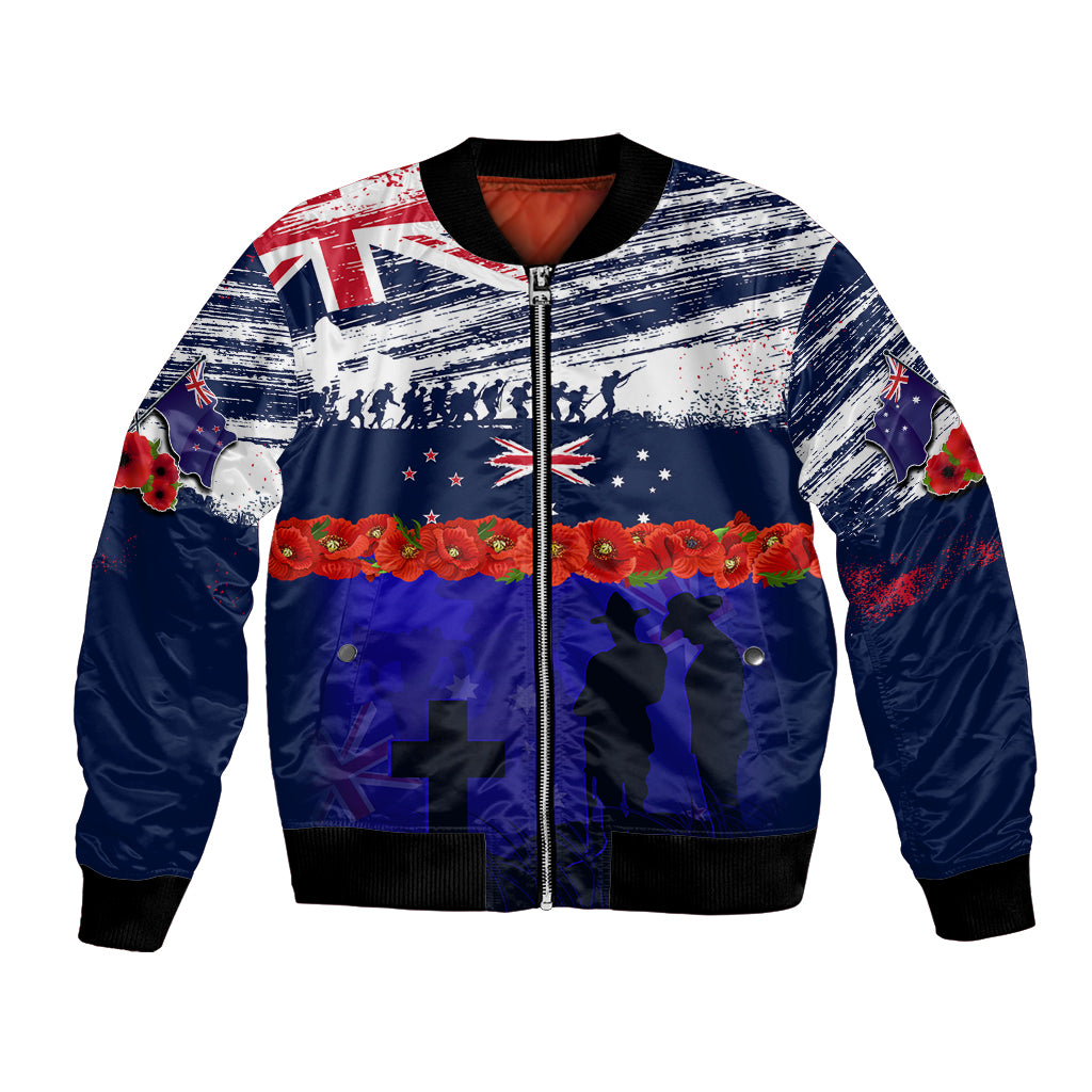 New Zealand and Australia ANZAC Day Bomber Jacket Lest We Forget Red Poppy Flowers and Soldier - Vibe Hoodie Shop