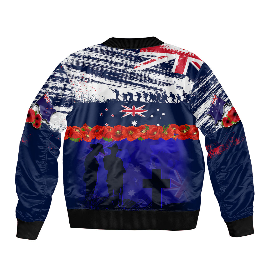 New Zealand and Australia ANZAC Day Bomber Jacket Lest We Forget Red Poppy Flowers and Soldier - Vibe Hoodie Shop