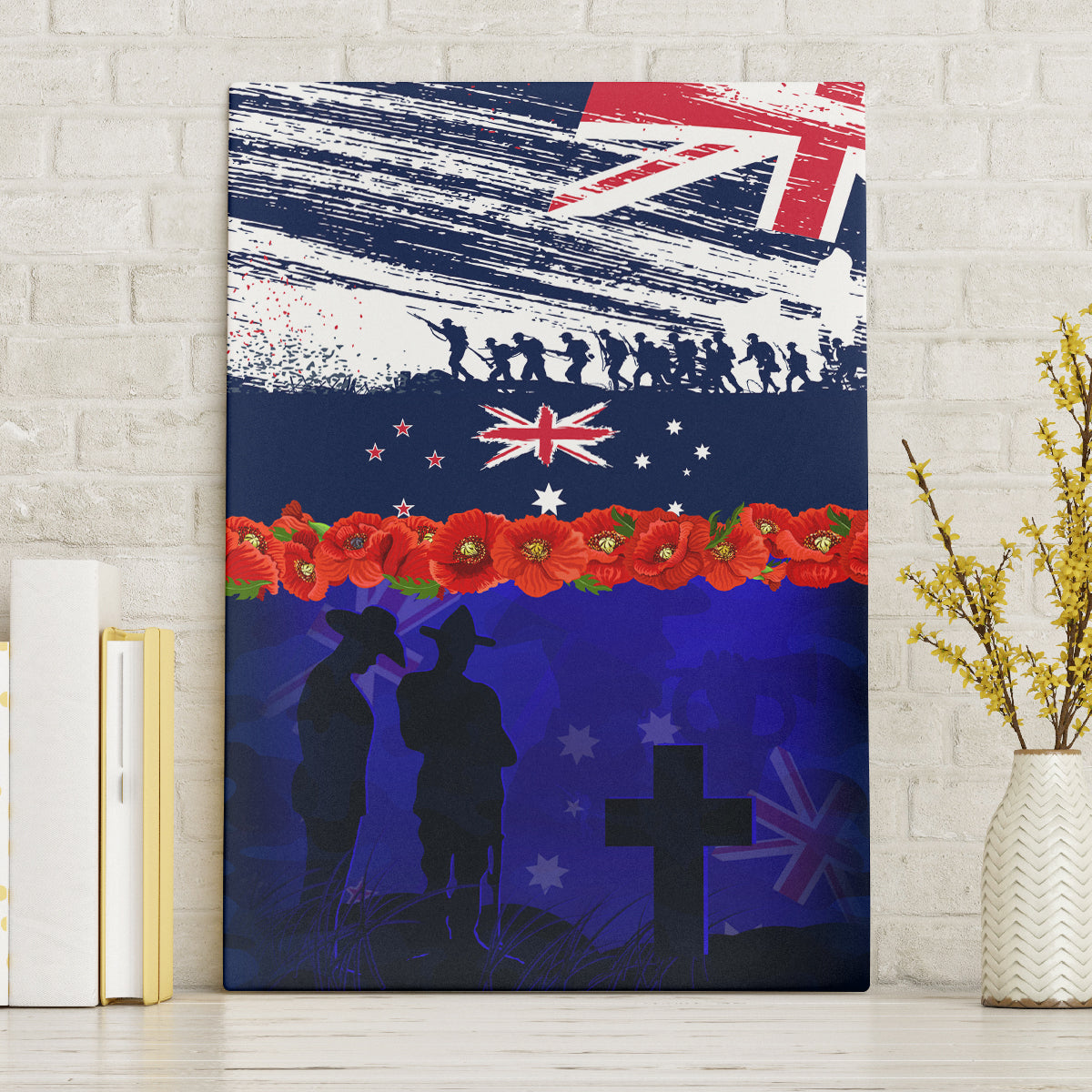 New Zealand and Australia ANZAC Day Canvas Wall Art Lest We Forget Red Poppy Flowers and Soldier