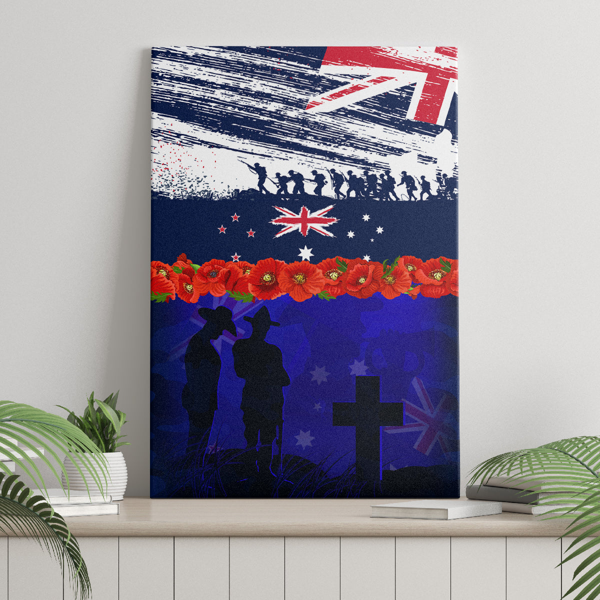 New Zealand and Australia ANZAC Day Canvas Wall Art Lest We Forget Red Poppy Flowers and Soldier
