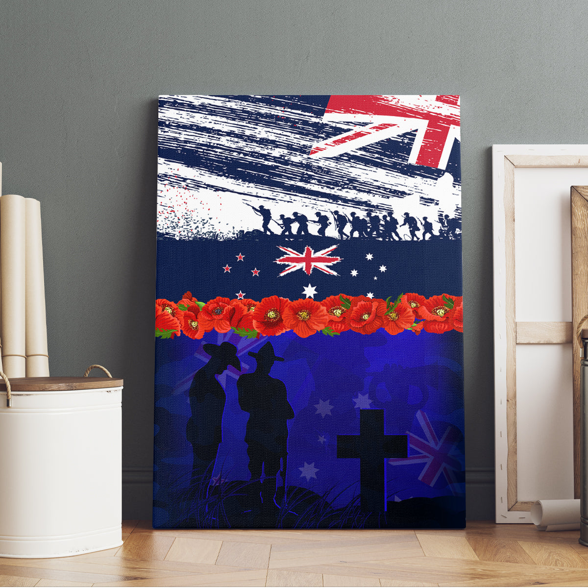 New Zealand and Australia ANZAC Day Canvas Wall Art Lest We Forget Red Poppy Flowers and Soldier