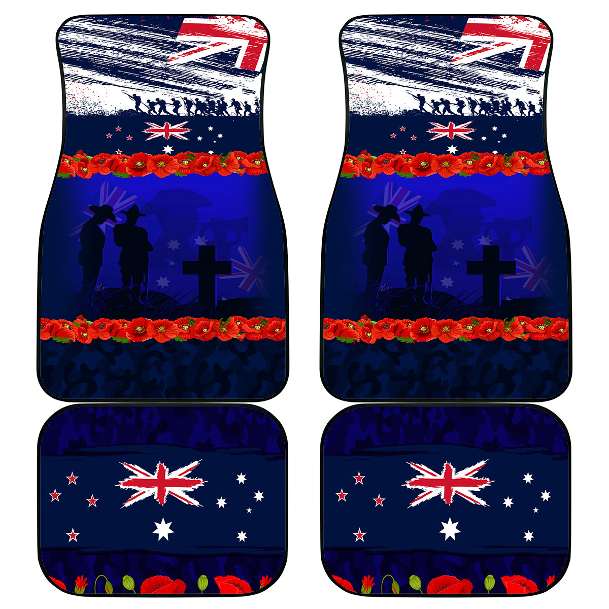 New Zealand and Australia ANZAC Day Car Mats Lest We Forget Red Poppy Flowers and Soldier