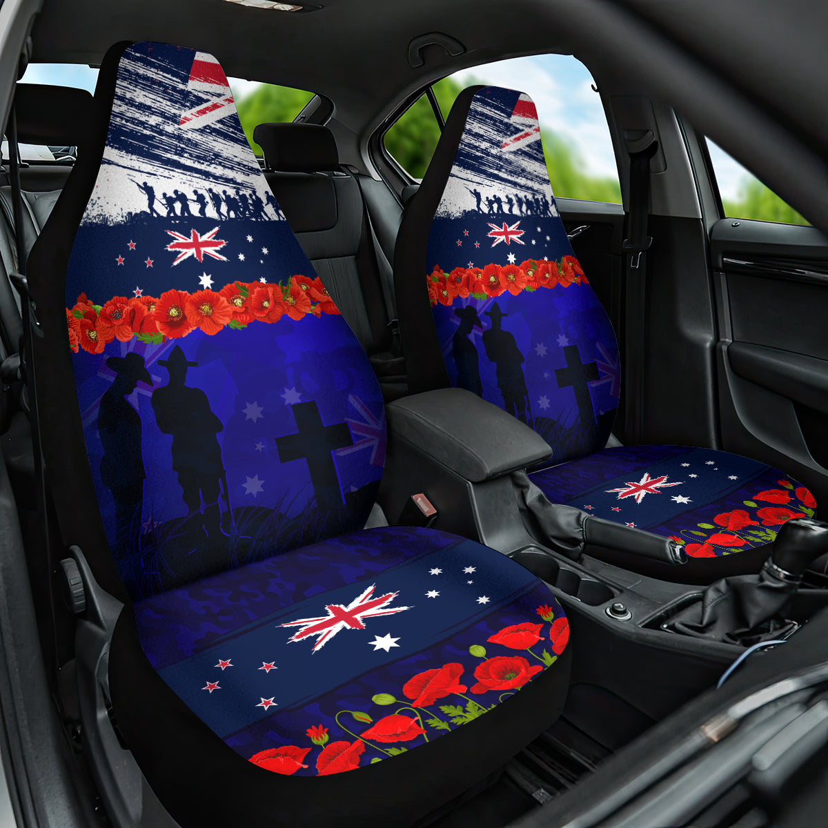New Zealand and Australia ANZAC Day Car Seat Cover Lest We Forget Red Poppy Flowers and Soldier - Vibe Hoodie Shop