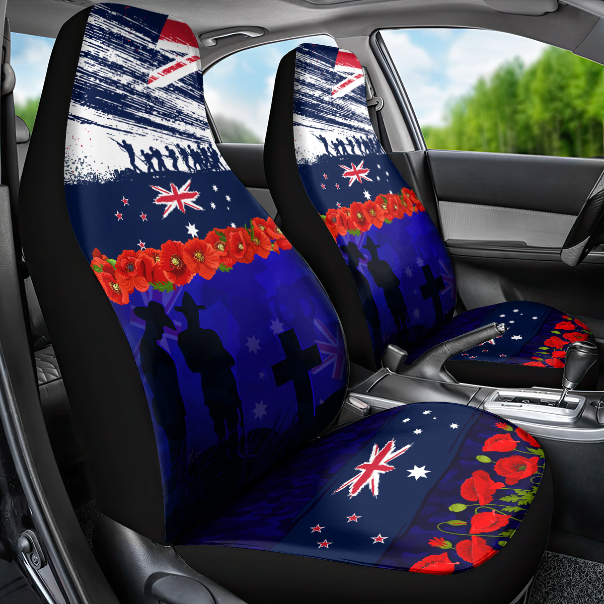 New Zealand and Australia ANZAC Day Car Seat Cover Lest We Forget Red Poppy Flowers and Soldier - Vibe Hoodie Shop