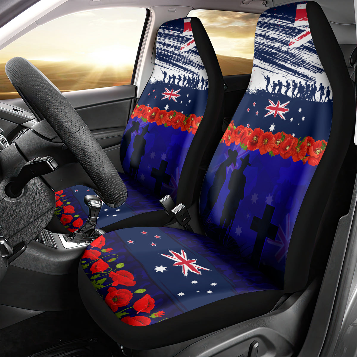 New Zealand and Australia ANZAC Day Car Seat Cover Lest We Forget Red Poppy Flowers and Soldier - Vibe Hoodie Shop
