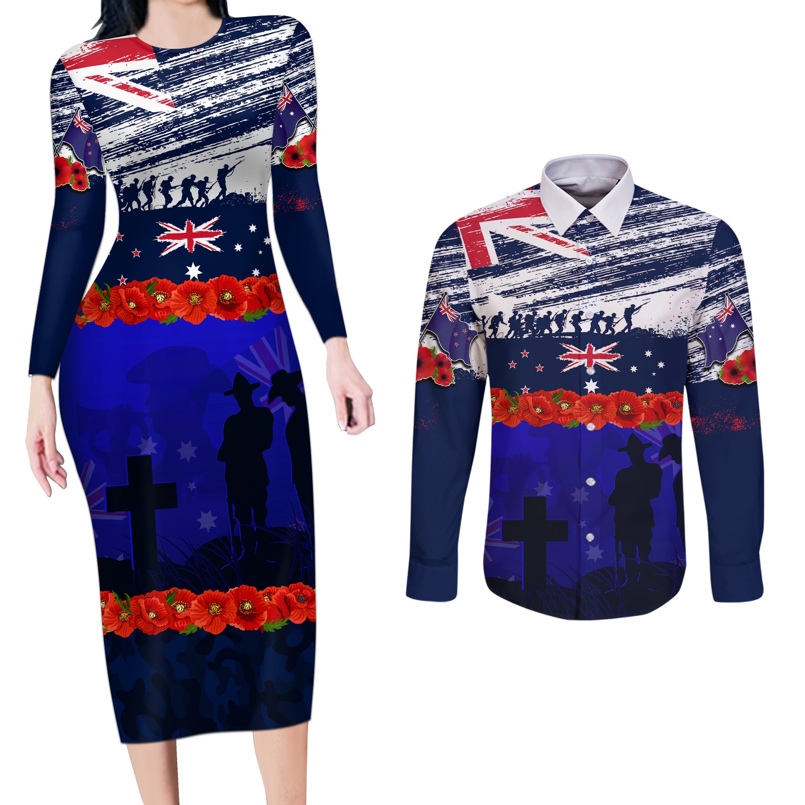 New Zealand and Australia ANZAC Day Couples Matching Long Sleeve Bodycon Dress and Long Sleeve Button Shirt Lest We Forget Red Poppy Flowers and Soldier
