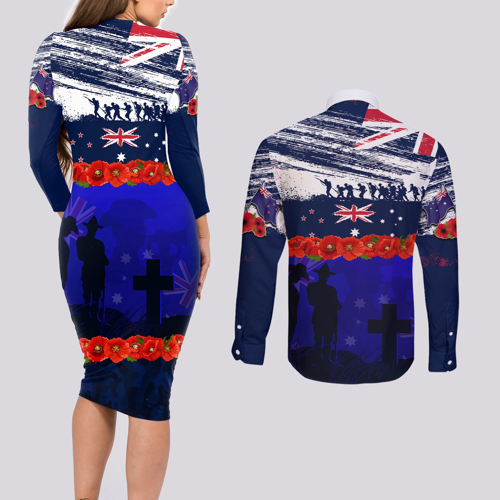 New Zealand and Australia ANZAC Day Couples Matching Long Sleeve Bodycon Dress and Long Sleeve Button Shirt Lest We Forget Red Poppy Flowers and Soldier