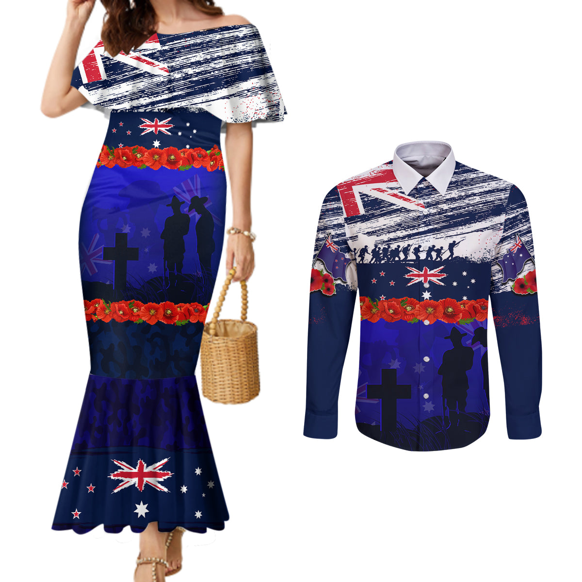 New Zealand and Australia ANZAC Day Couples Matching Mermaid Dress and Long Sleeve Button Shirt Lest We Forget Red Poppy Flowers and Soldier