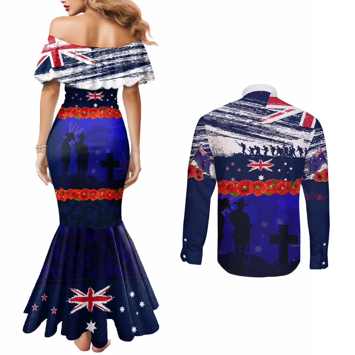 New Zealand and Australia ANZAC Day Couples Matching Mermaid Dress and Long Sleeve Button Shirt Lest We Forget Red Poppy Flowers and Soldier