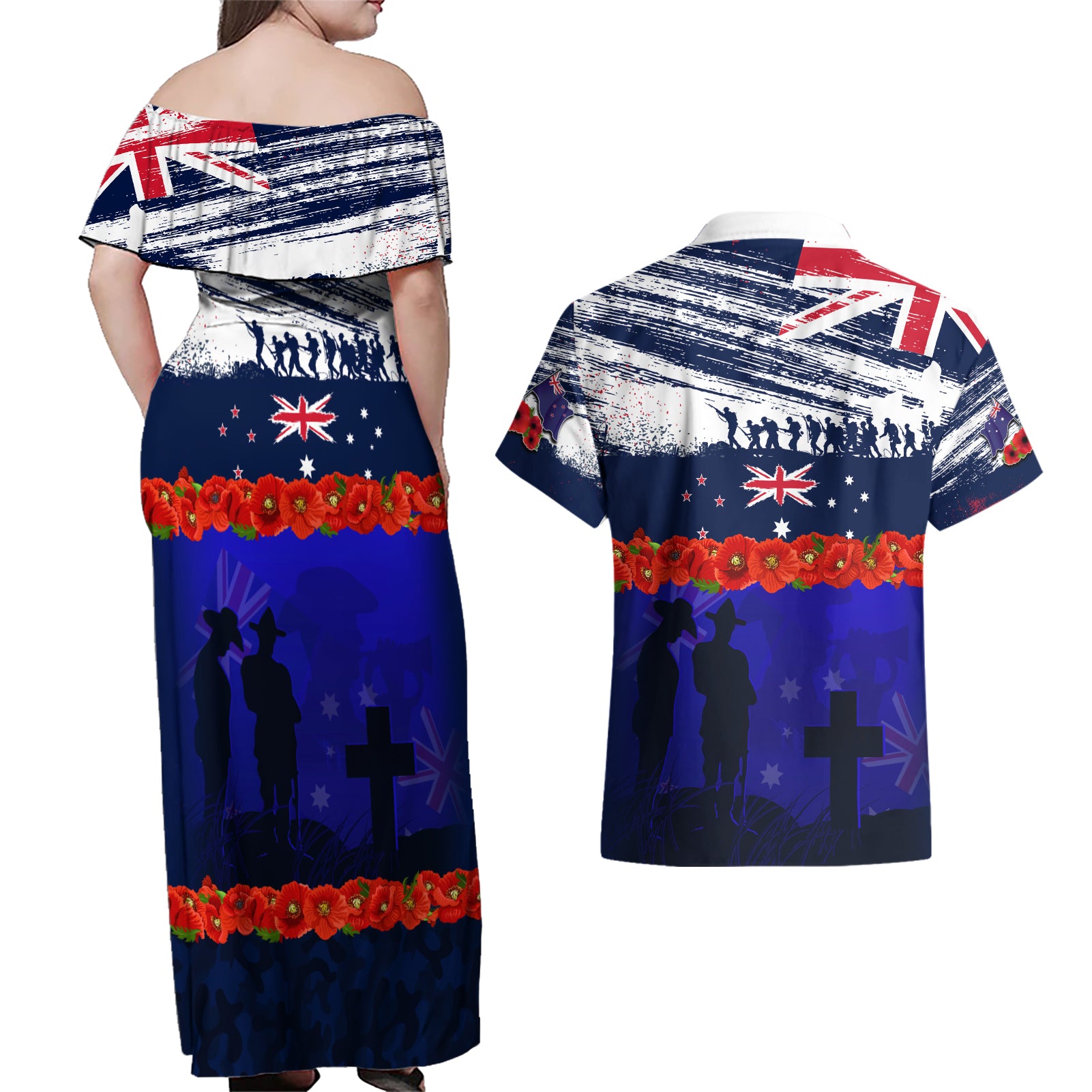 New Zealand and Australia ANZAC Day Couples Matching Off Shoulder Maxi Dress and Hawaiian Shirt Lest We Forget Red Poppy Flowers and Soldier