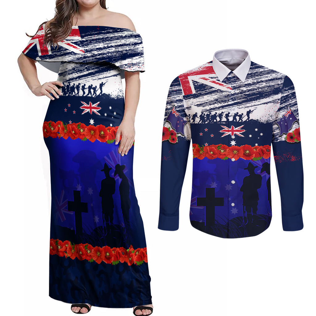 New Zealand and Australia ANZAC Day Couples Matching Off Shoulder Maxi Dress and Long Sleeve Button Shirt Lest We Forget Red Poppy Flowers and Soldier
