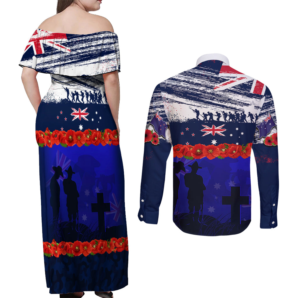 New Zealand and Australia ANZAC Day Couples Matching Off Shoulder Maxi Dress and Long Sleeve Button Shirt Lest We Forget Red Poppy Flowers and Soldier