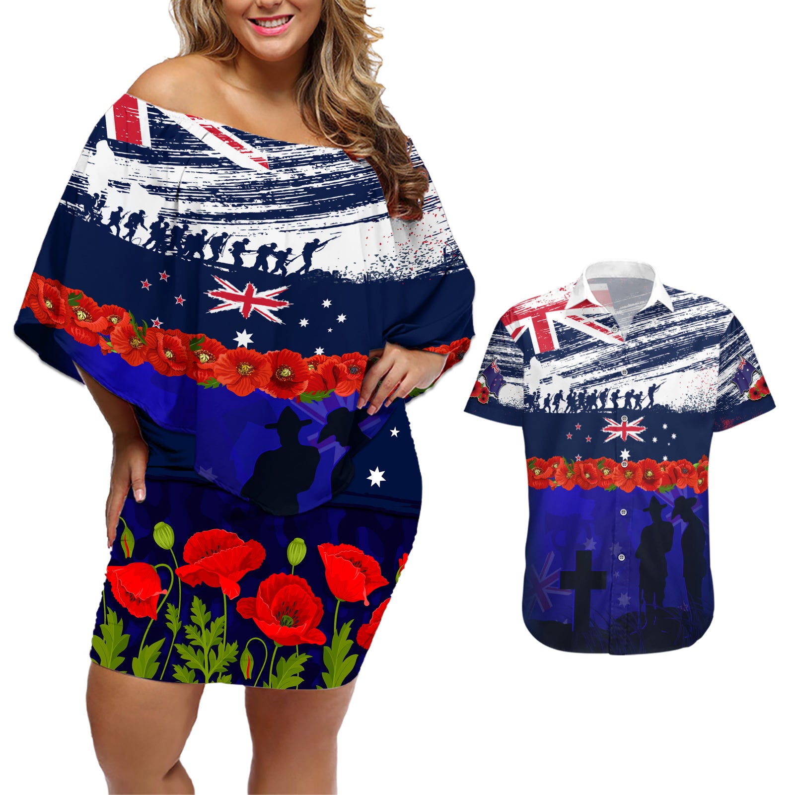 New Zealand and Australia ANZAC Day Couples Matching Off Shoulder Short Dress and Hawaiian Shirt Lest We Forget Red Poppy Flowers and Soldier