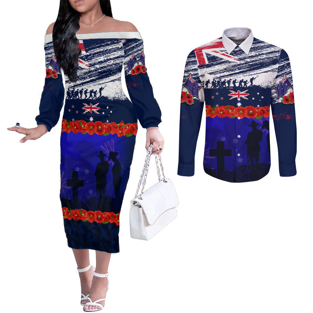 New Zealand and Australia ANZAC Day Couples Matching Off The Shoulder Long Sleeve Dress and Long Sleeve Button Shirt Lest We Forget Red Poppy Flowers and Soldier