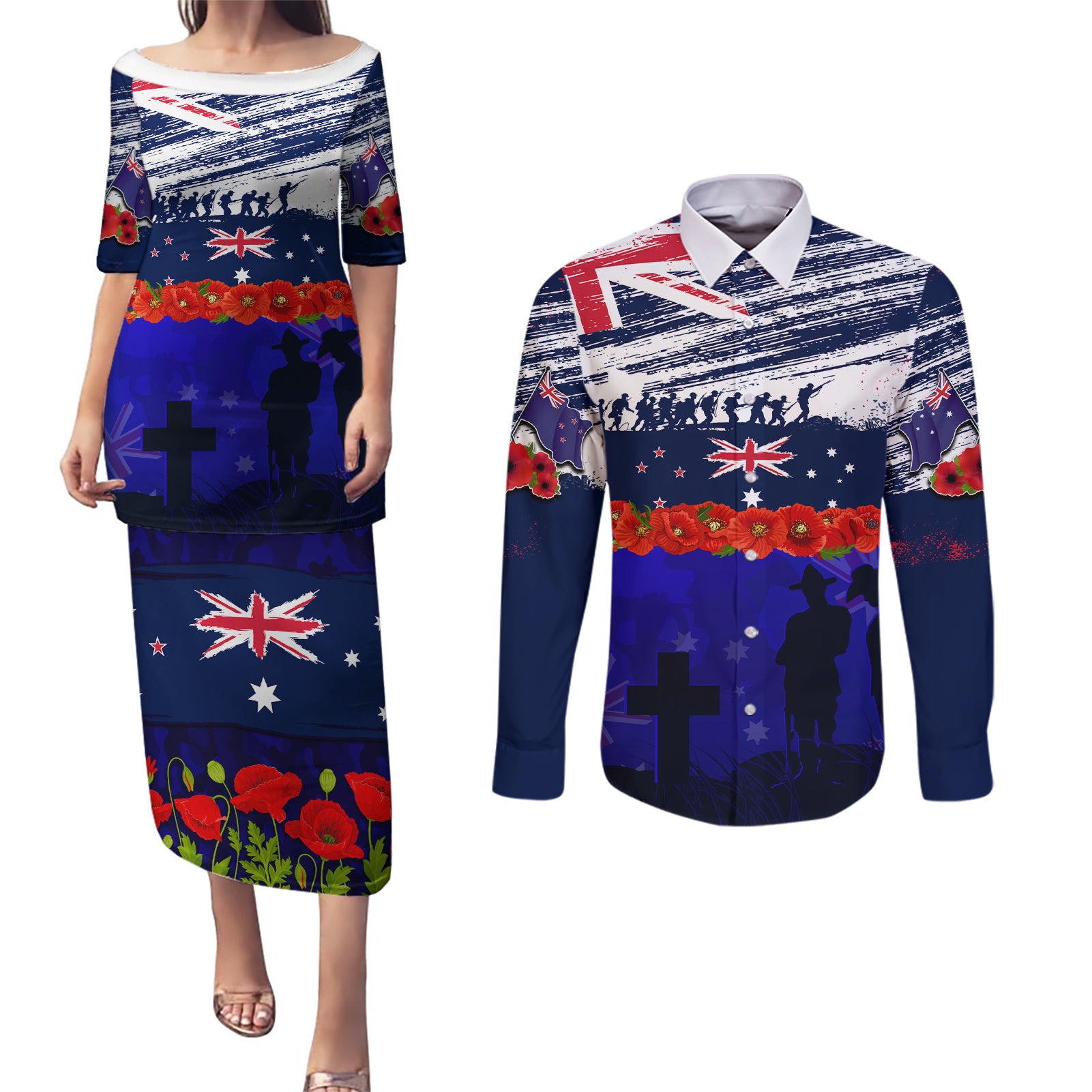 New Zealand and Australia ANZAC Day Couples Matching Puletasi and Long Sleeve Button Shirt Lest We Forget Red Poppy Flowers and Soldier