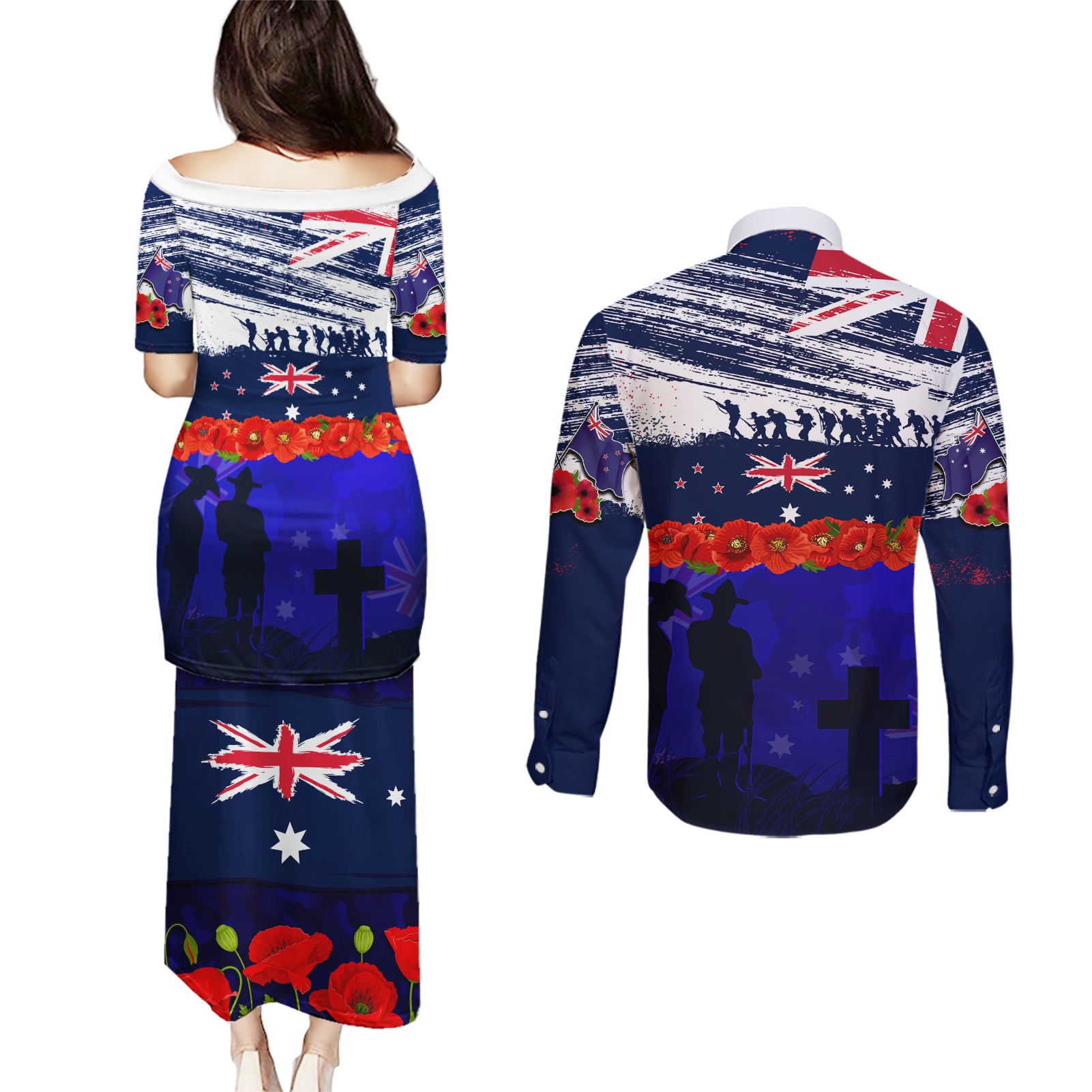 New Zealand and Australia ANZAC Day Couples Matching Puletasi and Long Sleeve Button Shirt Lest We Forget Red Poppy Flowers and Soldier