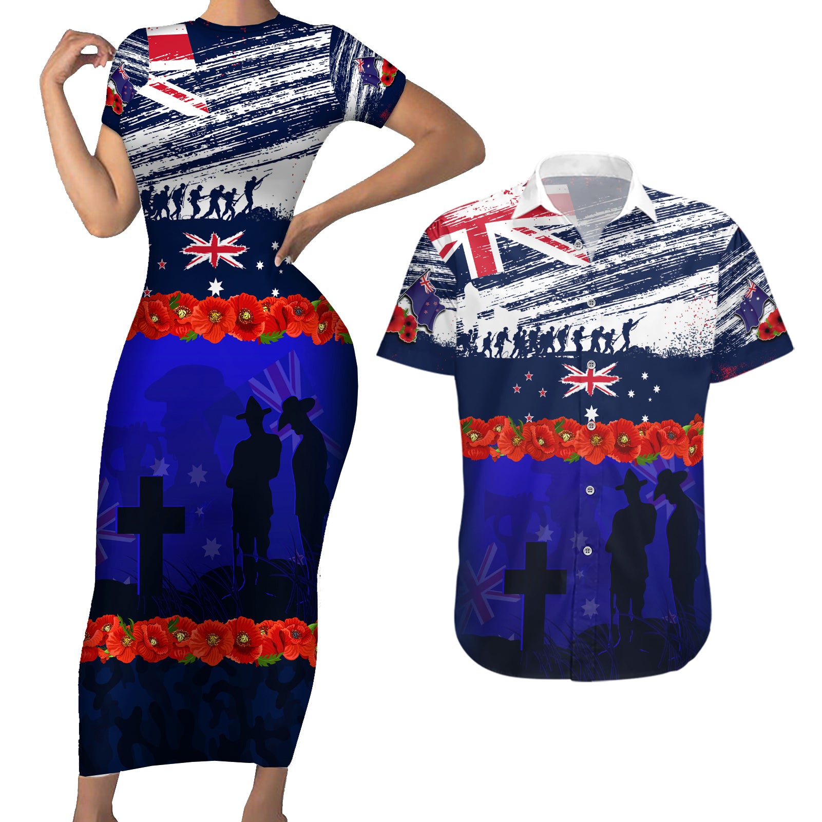 New Zealand and Australia ANZAC Day Couples Matching Short Sleeve Bodycon Dress and Hawaiian Shirt Lest We Forget Red Poppy Flowers and Soldier