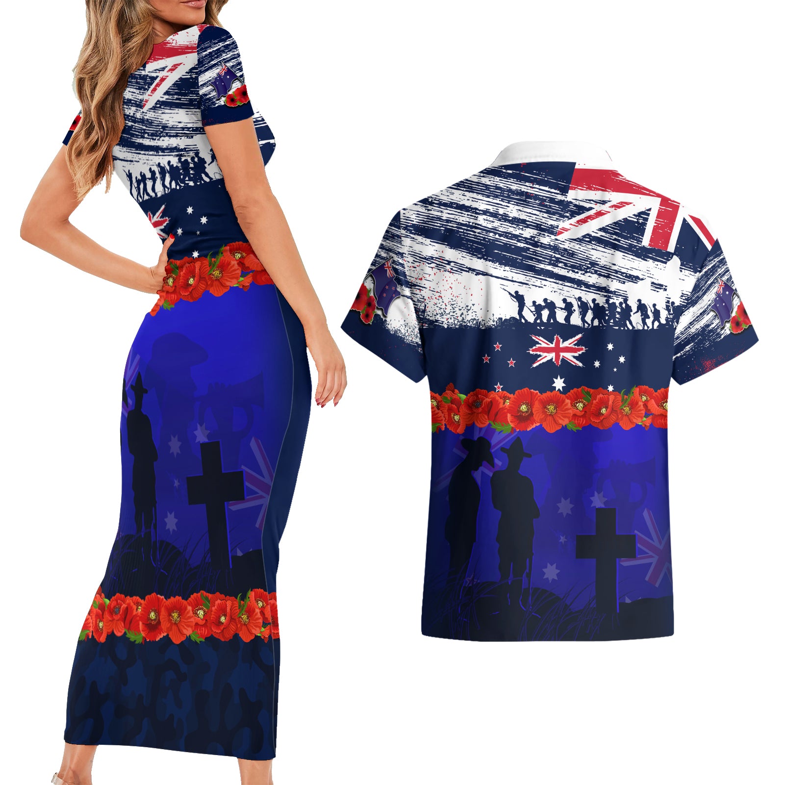 New Zealand and Australia ANZAC Day Couples Matching Short Sleeve Bodycon Dress and Hawaiian Shirt Lest We Forget Red Poppy Flowers and Soldier