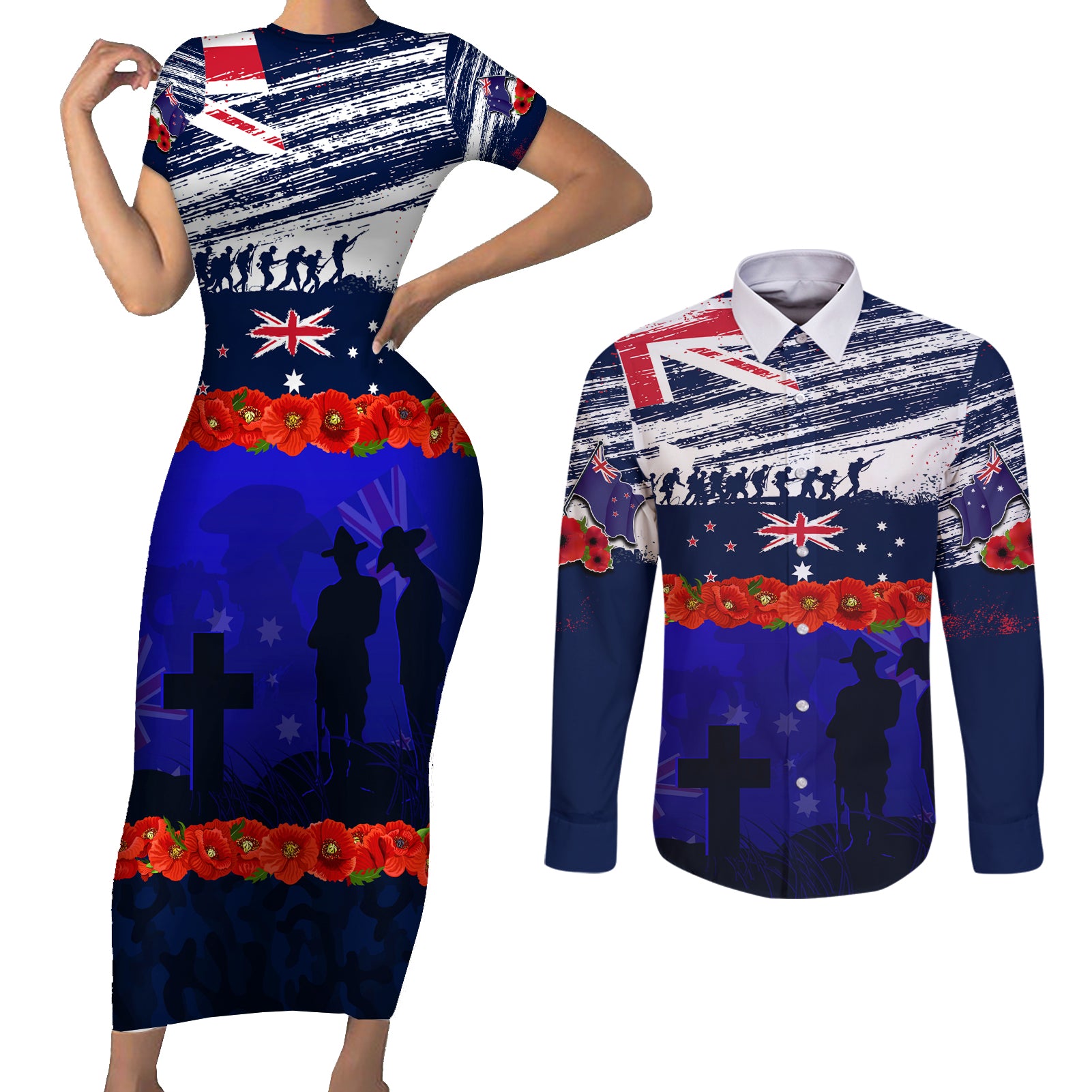 New Zealand and Australia ANZAC Day Couples Matching Short Sleeve Bodycon Dress and Long Sleeve Button Shirt Lest We Forget Red Poppy Flowers and Soldier