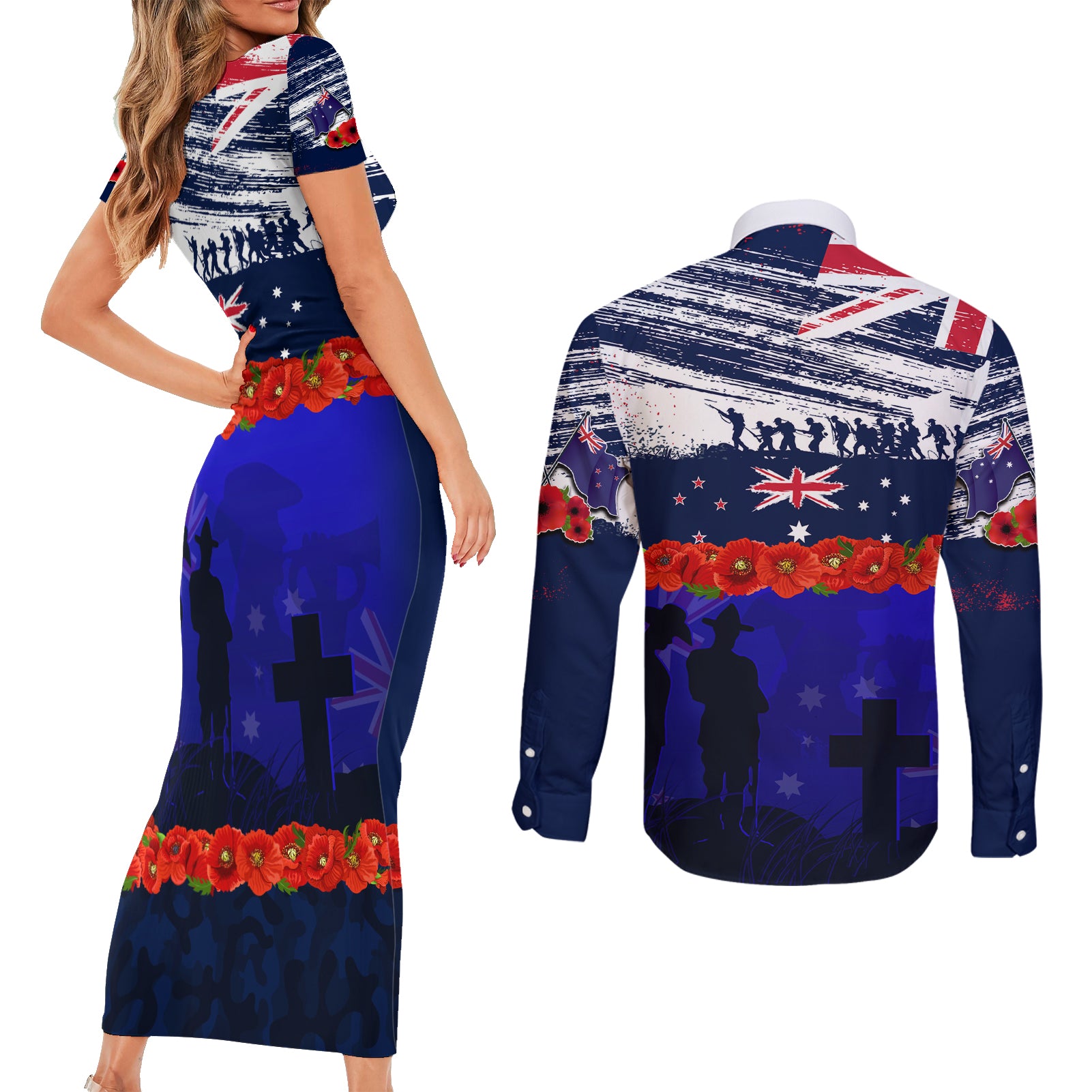 New Zealand and Australia ANZAC Day Couples Matching Short Sleeve Bodycon Dress and Long Sleeve Button Shirt Lest We Forget Red Poppy Flowers and Soldier