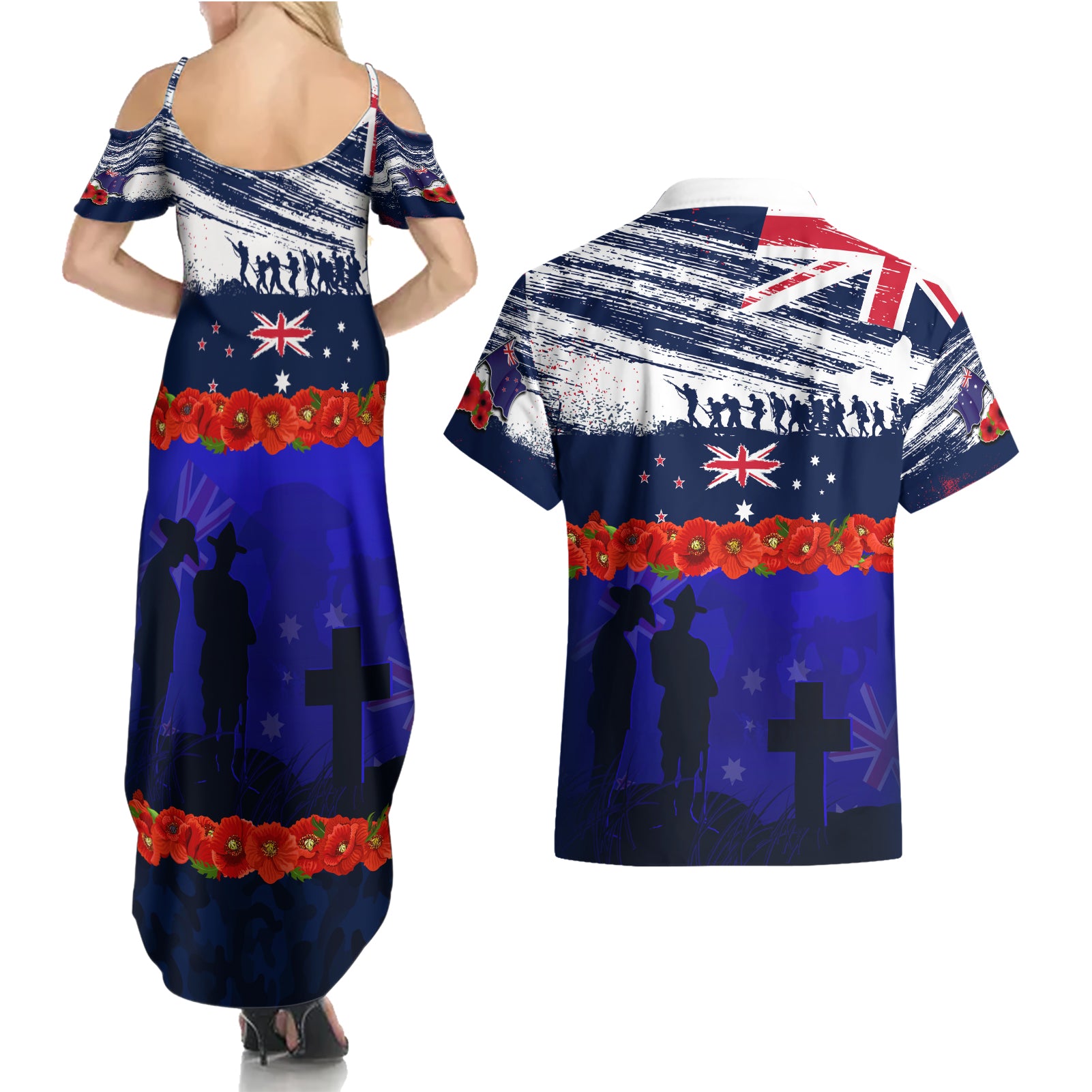 New Zealand and Australia ANZAC Day Couples Matching Summer Maxi Dress and Hawaiian Shirt Lest We Forget Red Poppy Flowers and Soldier