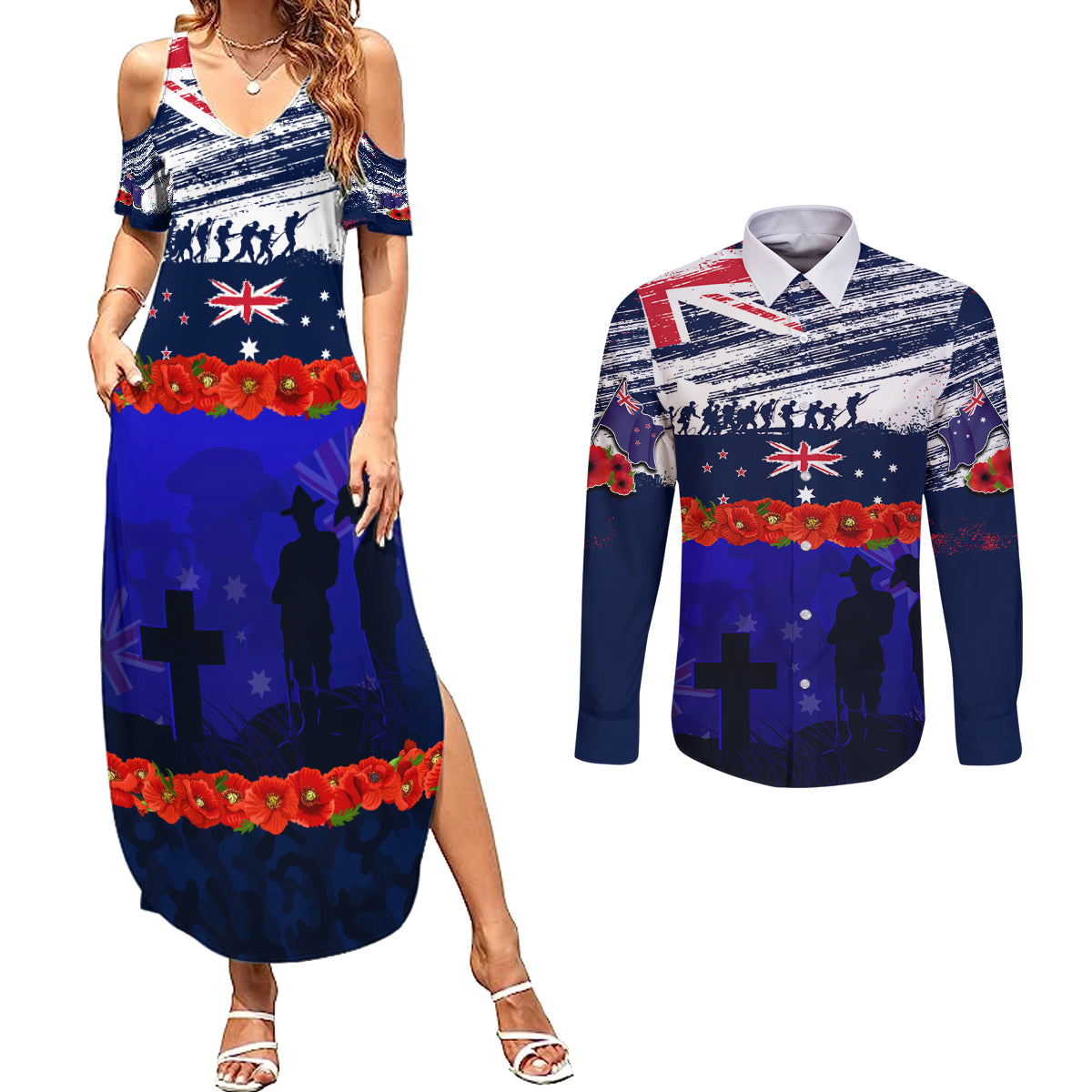 New Zealand and Australia ANZAC Day Couples Matching Summer Maxi Dress and Long Sleeve Button Shirt Lest We Forget Red Poppy Flowers and Soldier