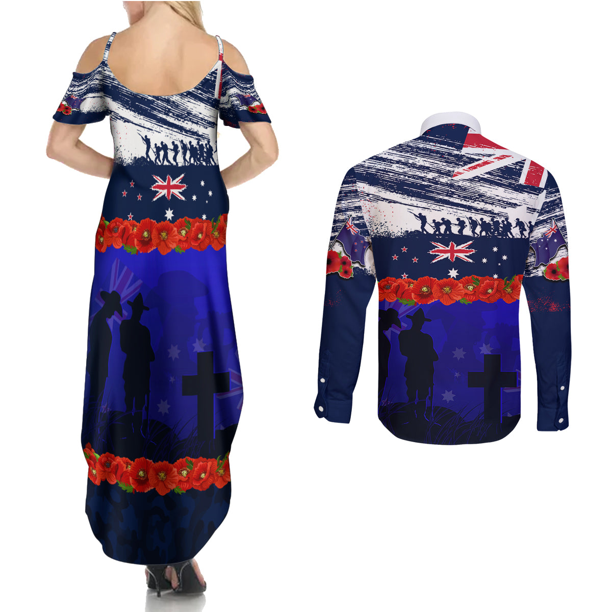 New Zealand and Australia ANZAC Day Couples Matching Summer Maxi Dress and Long Sleeve Button Shirt Lest We Forget Red Poppy Flowers and Soldier