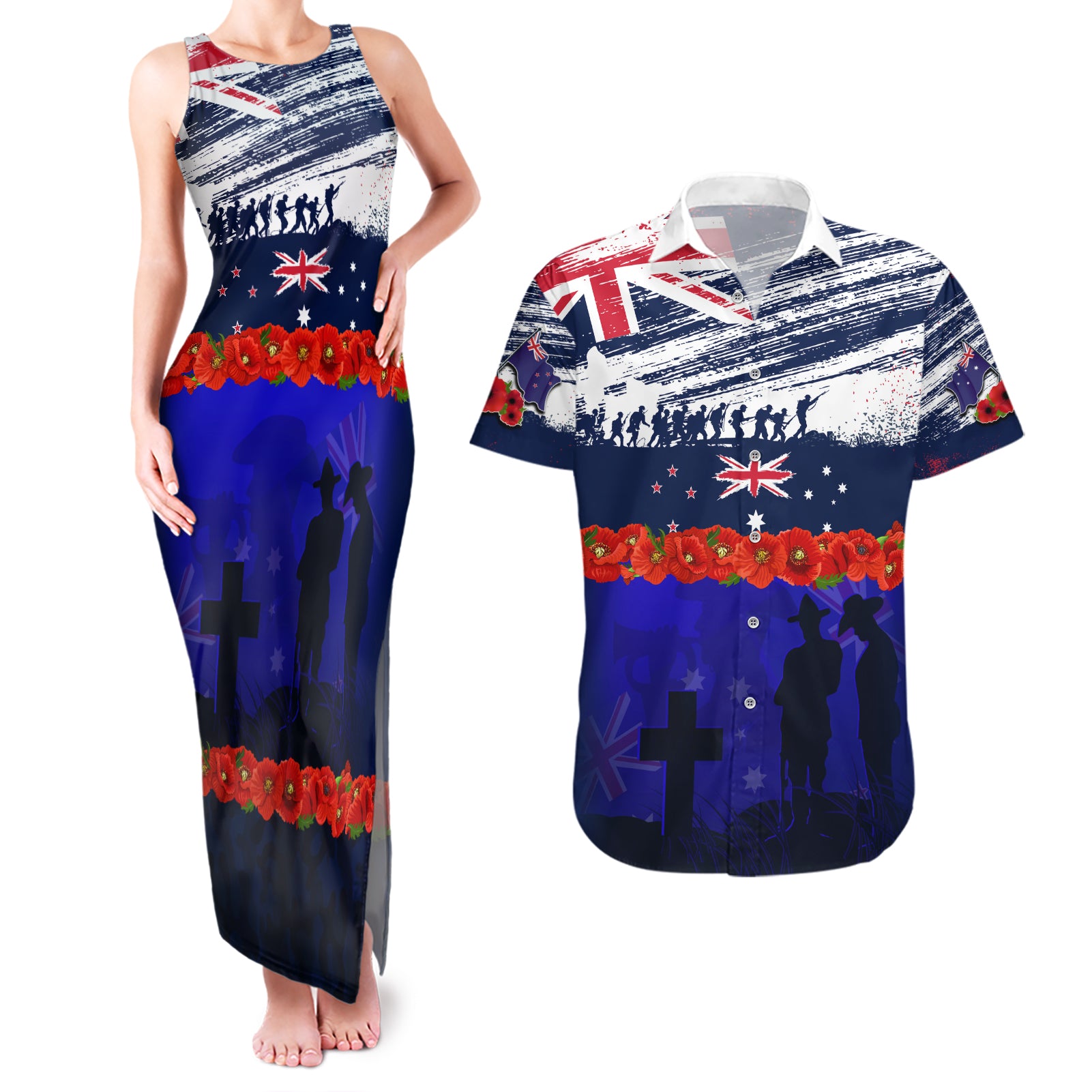 New Zealand and Australia ANZAC Day Couples Matching Tank Maxi Dress and Hawaiian Shirt Lest We Forget Red Poppy Flowers and Soldier