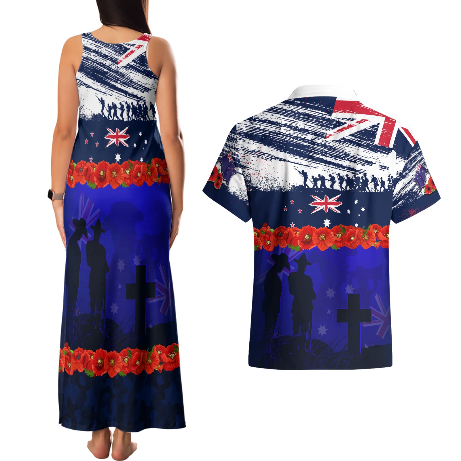 New Zealand and Australia ANZAC Day Couples Matching Tank Maxi Dress and Hawaiian Shirt Lest We Forget Red Poppy Flowers and Soldier