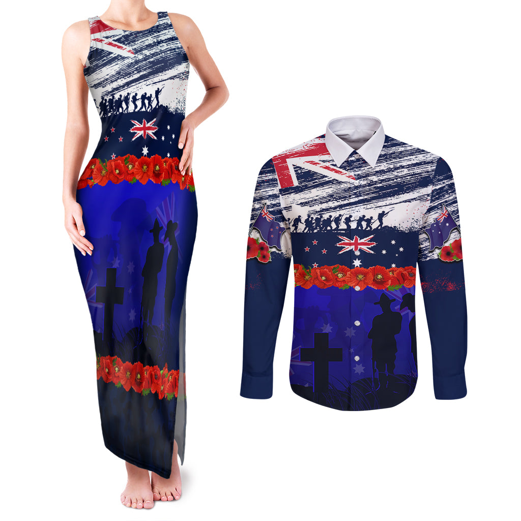 New Zealand and Australia ANZAC Day Couples Matching Tank Maxi Dress and Long Sleeve Button Shirt Lest We Forget Red Poppy Flowers and Soldier