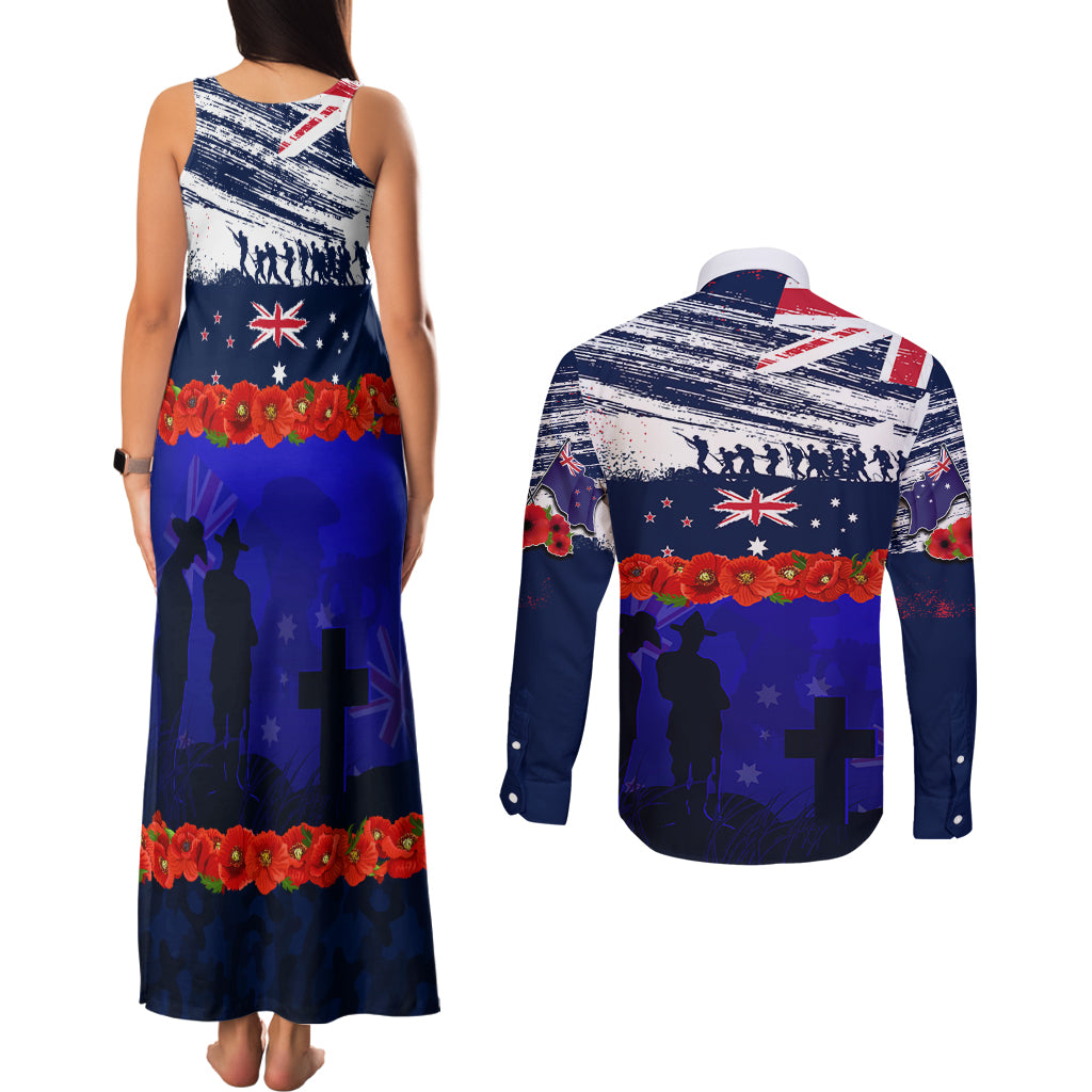 New Zealand and Australia ANZAC Day Couples Matching Tank Maxi Dress and Long Sleeve Button Shirt Lest We Forget Red Poppy Flowers and Soldier