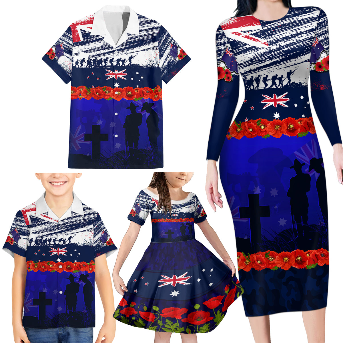 New Zealand and Australia ANZAC Day Family Matching Long Sleeve Bodycon Dress and Hawaiian Shirt Lest We Forget Red Poppy Flowers and Soldier