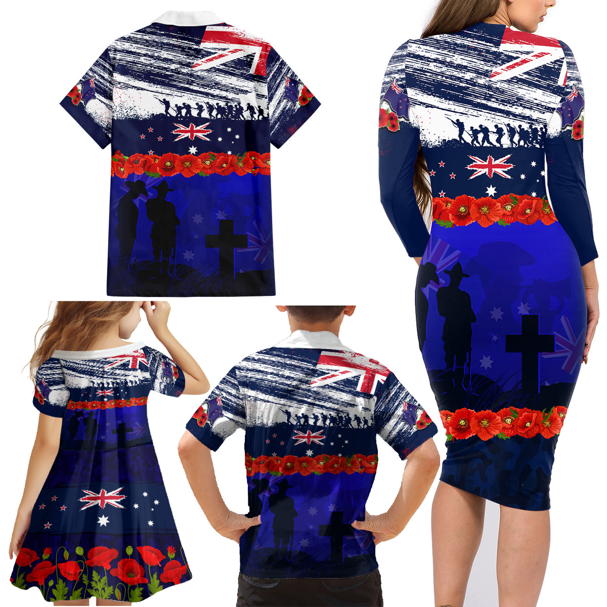 New Zealand and Australia ANZAC Day Family Matching Long Sleeve Bodycon Dress and Hawaiian Shirt Lest We Forget Red Poppy Flowers and Soldier
