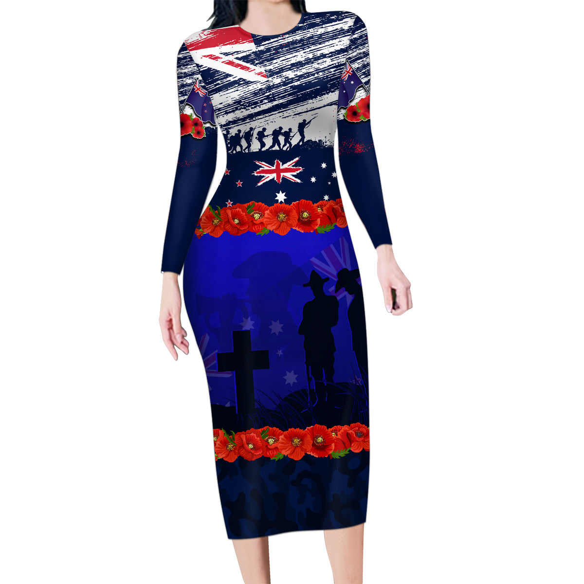 New Zealand and Australia ANZAC Day Family Matching Long Sleeve Bodycon Dress and Hawaiian Shirt Lest We Forget Red Poppy Flowers and Soldier