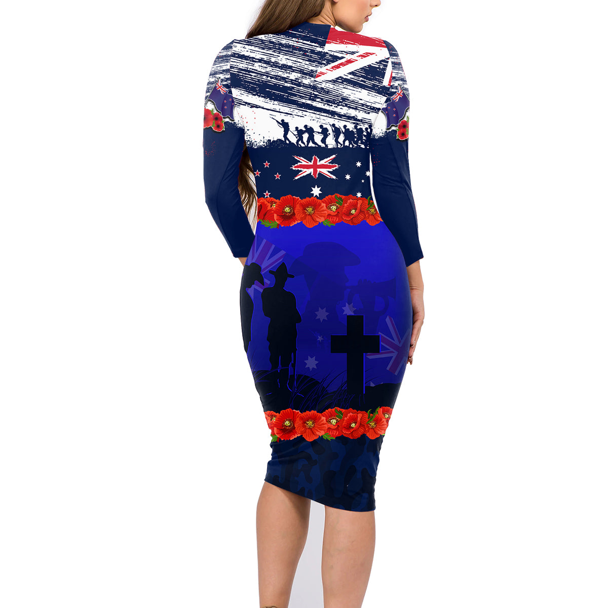 New Zealand and Australia ANZAC Day Family Matching Long Sleeve Bodycon Dress and Hawaiian Shirt Lest We Forget Red Poppy Flowers and Soldier