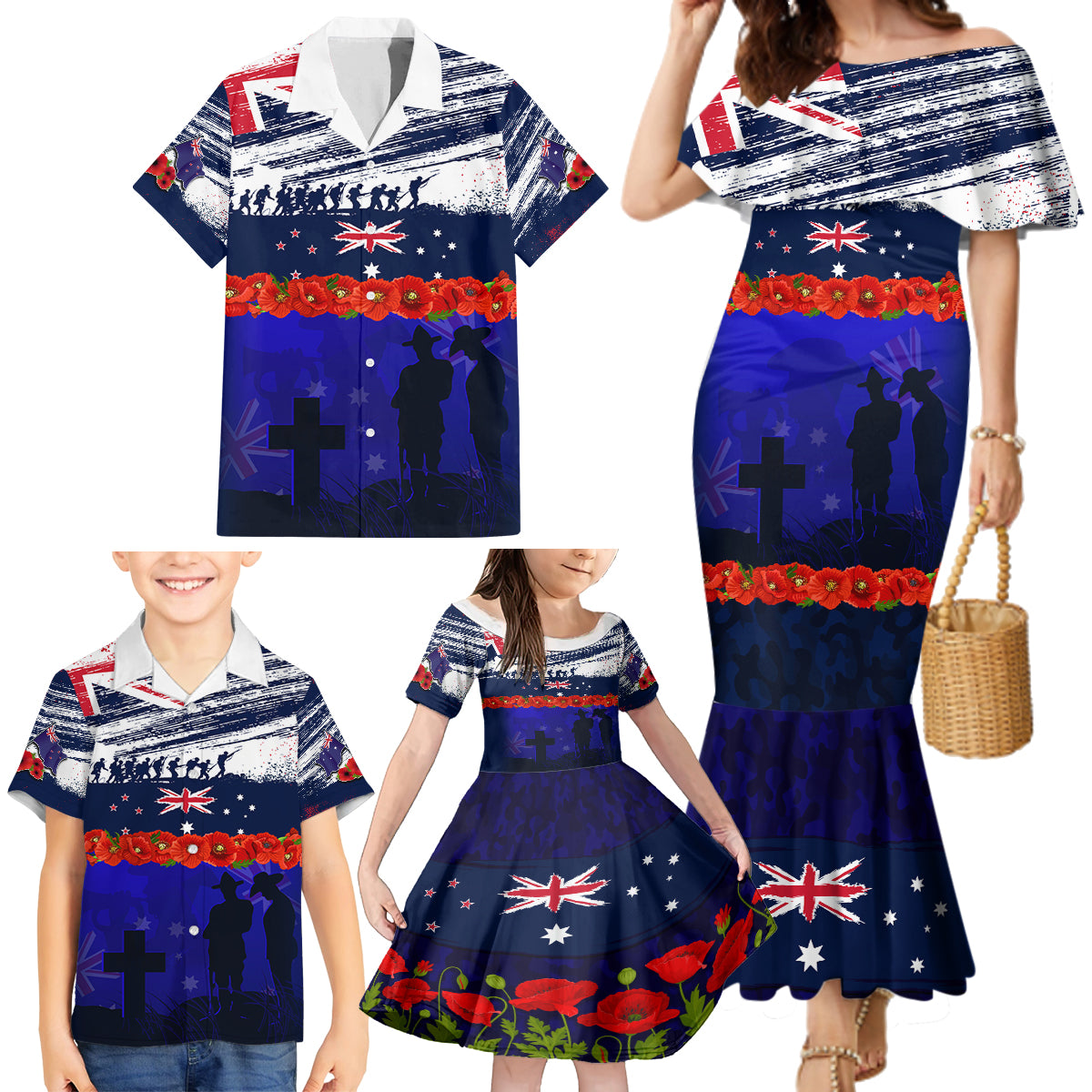 New Zealand and Australia ANZAC Day Family Matching Mermaid Dress and Hawaiian Shirt Lest We Forget Red Poppy Flowers and Soldier