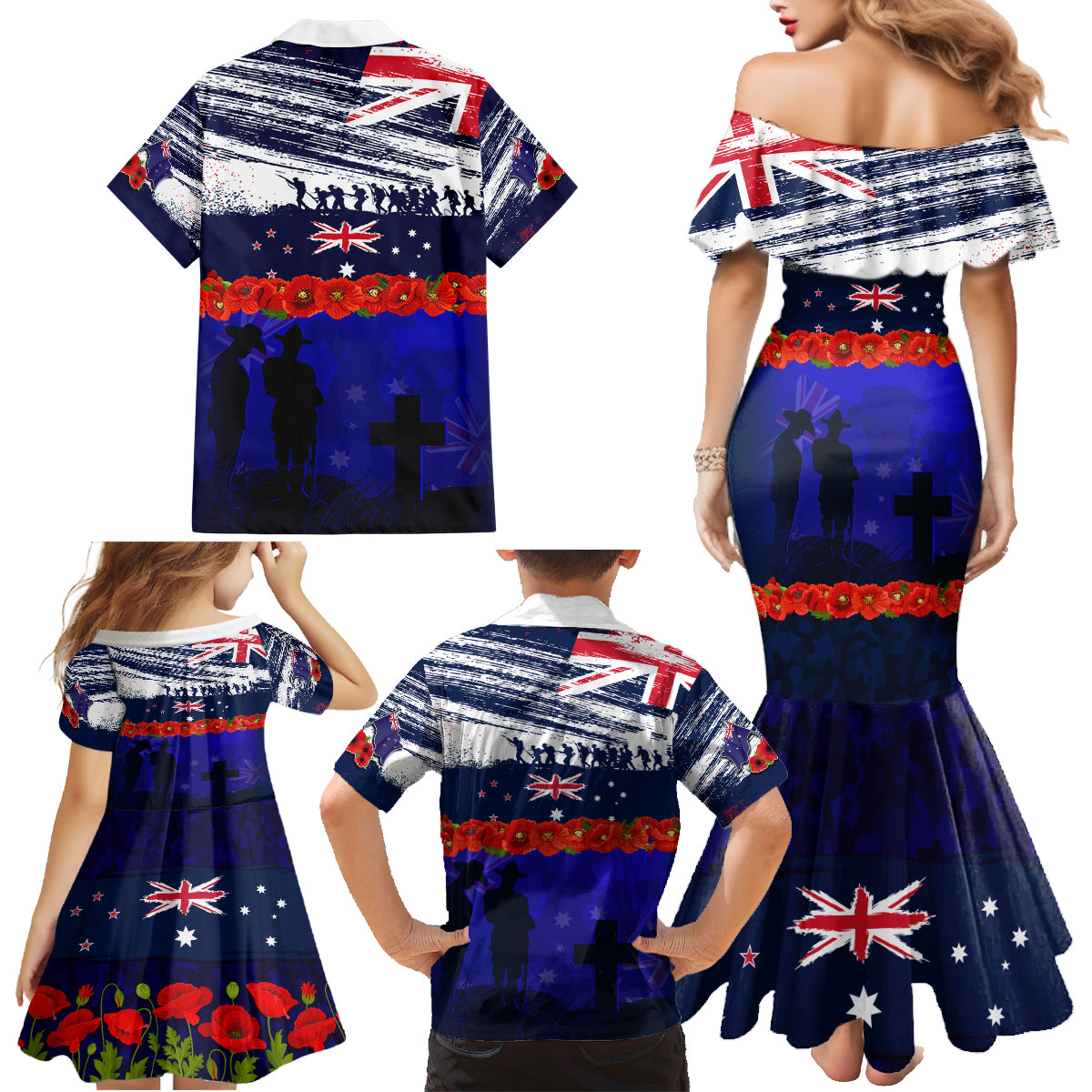 New Zealand and Australia ANZAC Day Family Matching Mermaid Dress and Hawaiian Shirt Lest We Forget Red Poppy Flowers and Soldier