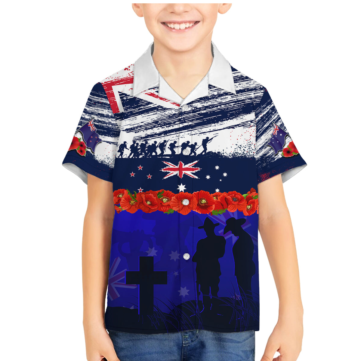 New Zealand and Australia ANZAC Day Family Matching Mermaid Dress and Hawaiian Shirt Lest We Forget Red Poppy Flowers and Soldier