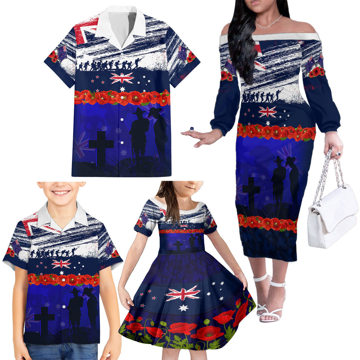 New Zealand and Australia ANZAC Day Family Matching Off Shoulder Long Sleeve Dress and Hawaiian Shirt Lest We Forget Red Poppy Flowers and Soldier