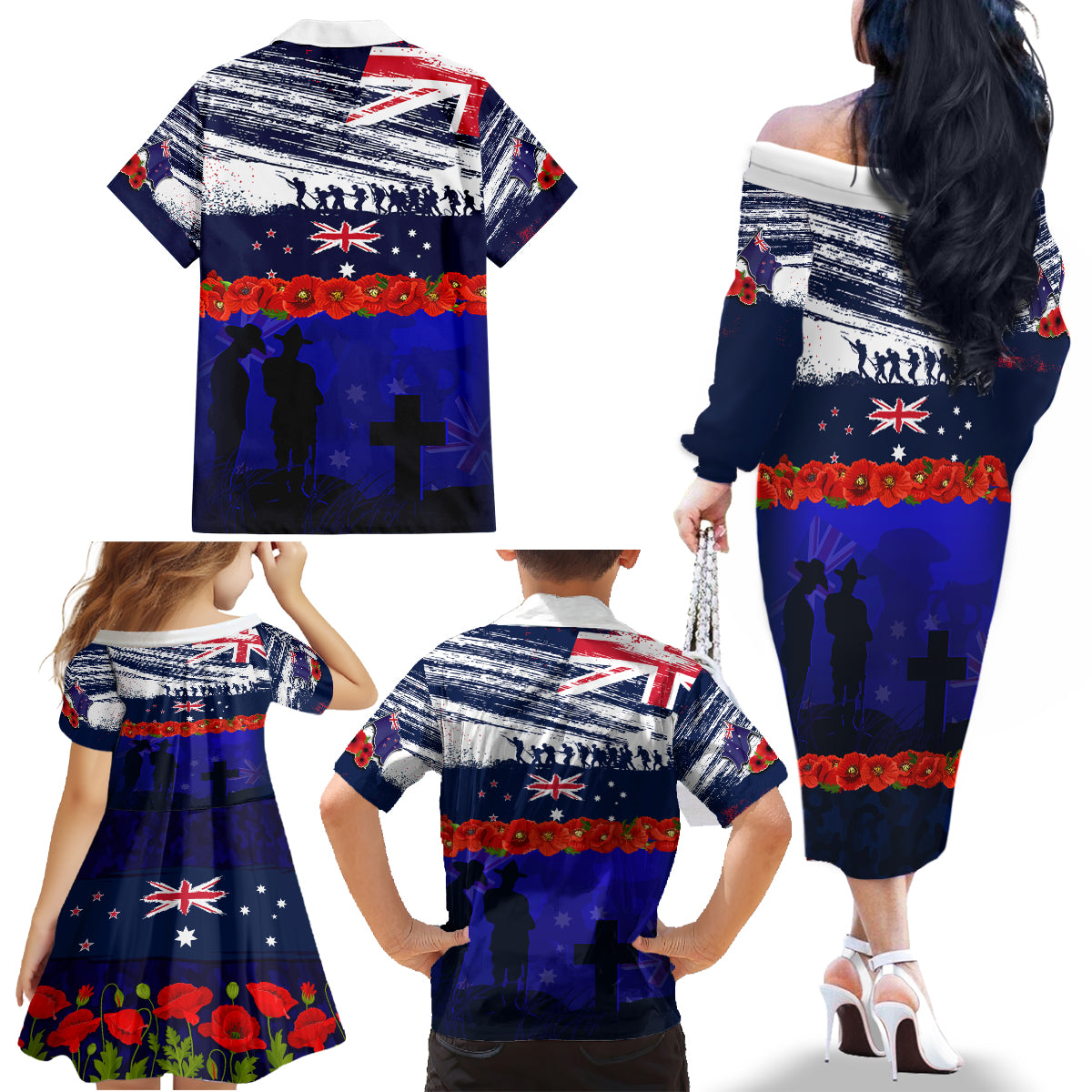 New Zealand and Australia ANZAC Day Family Matching Off Shoulder Long Sleeve Dress and Hawaiian Shirt Lest We Forget Red Poppy Flowers and Soldier