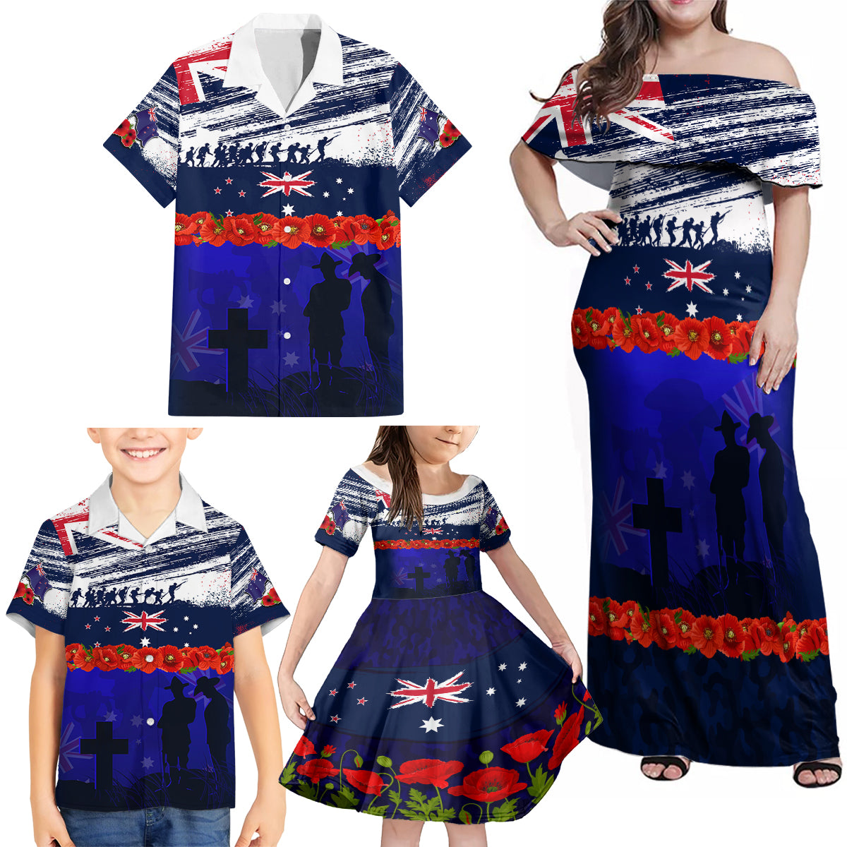 New Zealand and Australia ANZAC Day Family Matching Off Shoulder Maxi Dress and Hawaiian Shirt Lest We Forget Red Poppy Flowers and Soldier
