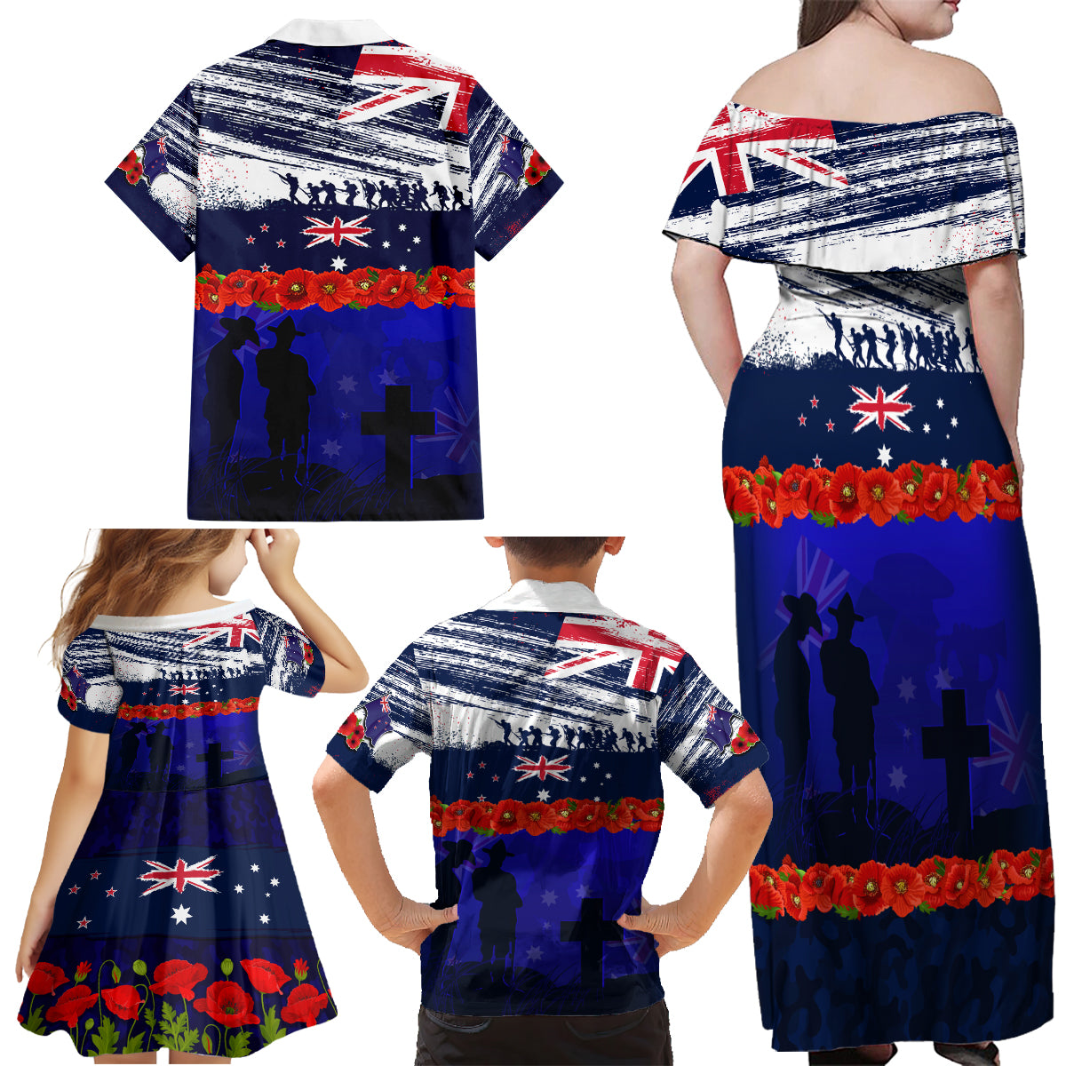 New Zealand and Australia ANZAC Day Family Matching Off Shoulder Maxi Dress and Hawaiian Shirt Lest We Forget Red Poppy Flowers and Soldier