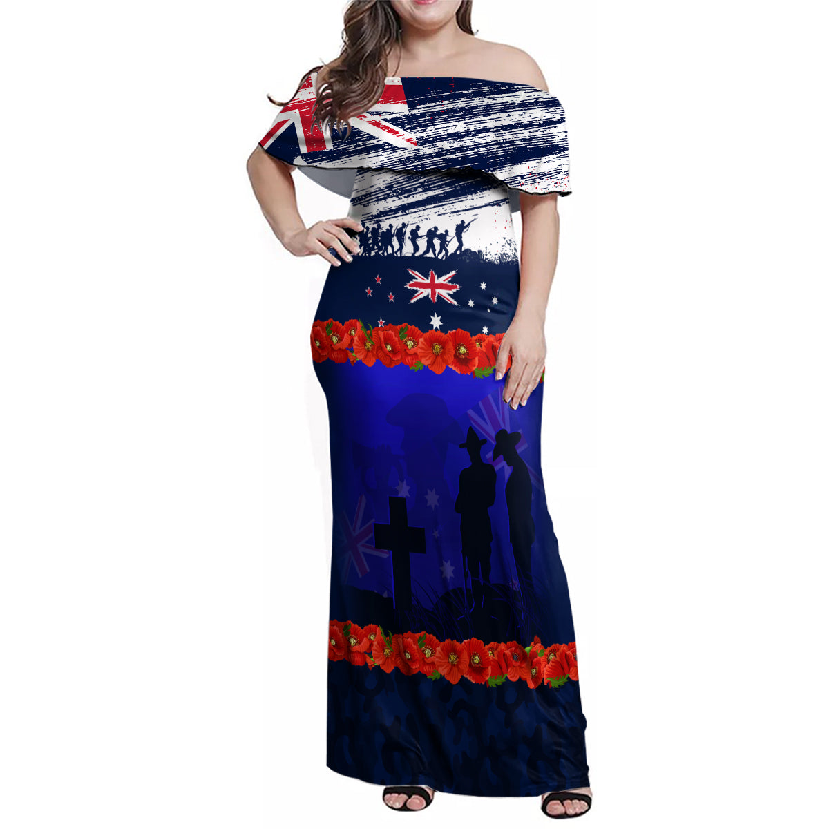 New Zealand and Australia ANZAC Day Family Matching Off Shoulder Maxi Dress and Hawaiian Shirt Lest We Forget Red Poppy Flowers and Soldier