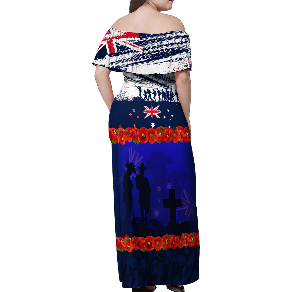 New Zealand and Australia ANZAC Day Family Matching Off Shoulder Maxi Dress and Hawaiian Shirt Lest We Forget Red Poppy Flowers and Soldier
