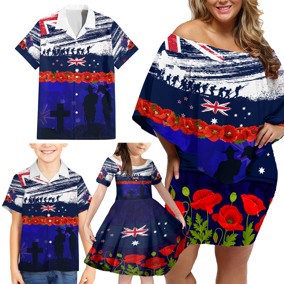 New Zealand and Australia ANZAC Day Family Matching Off Shoulder Short Dress and Hawaiian Shirt Lest We Forget Red Poppy Flowers and Soldier