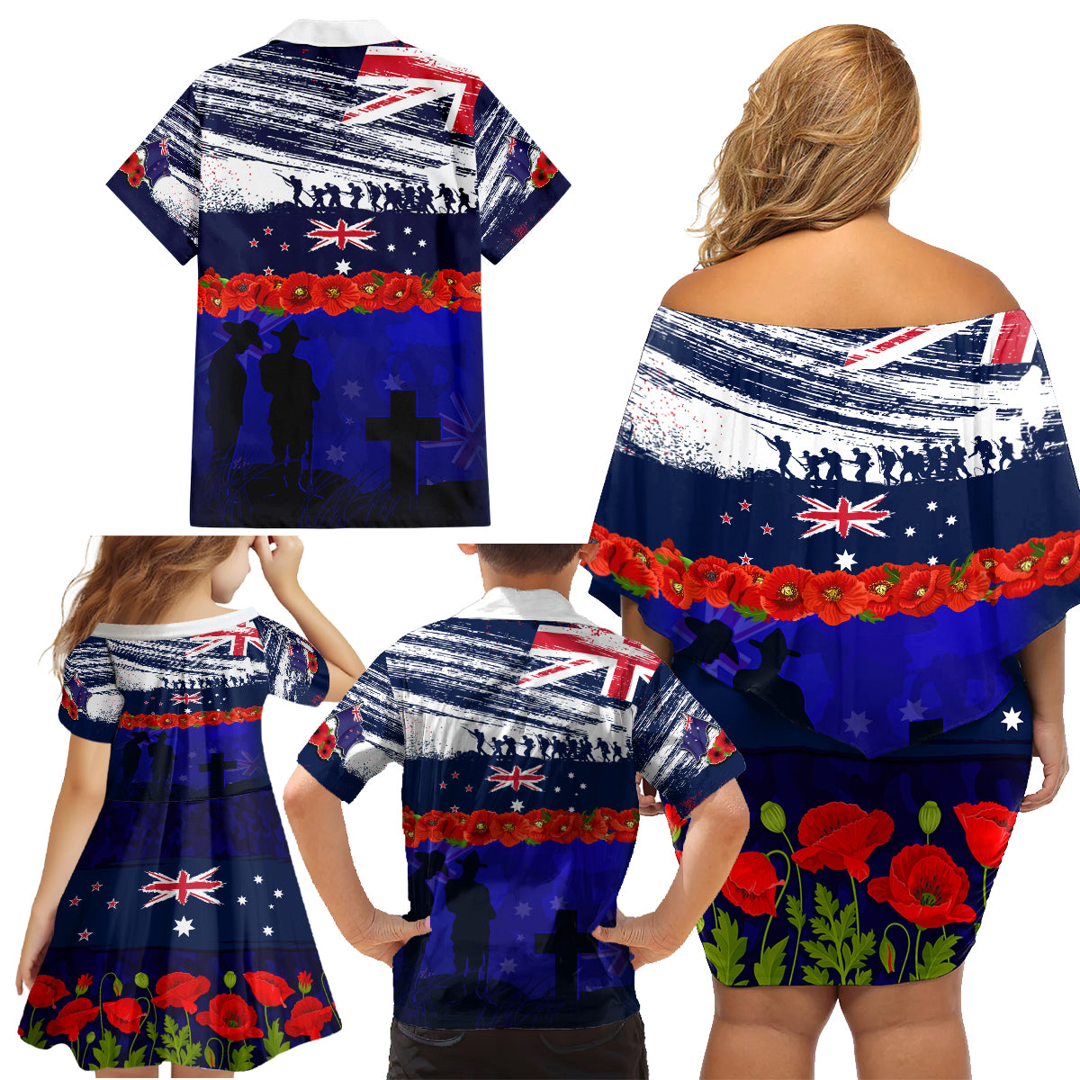 New Zealand and Australia ANZAC Day Family Matching Off Shoulder Short Dress and Hawaiian Shirt Lest We Forget Red Poppy Flowers and Soldier