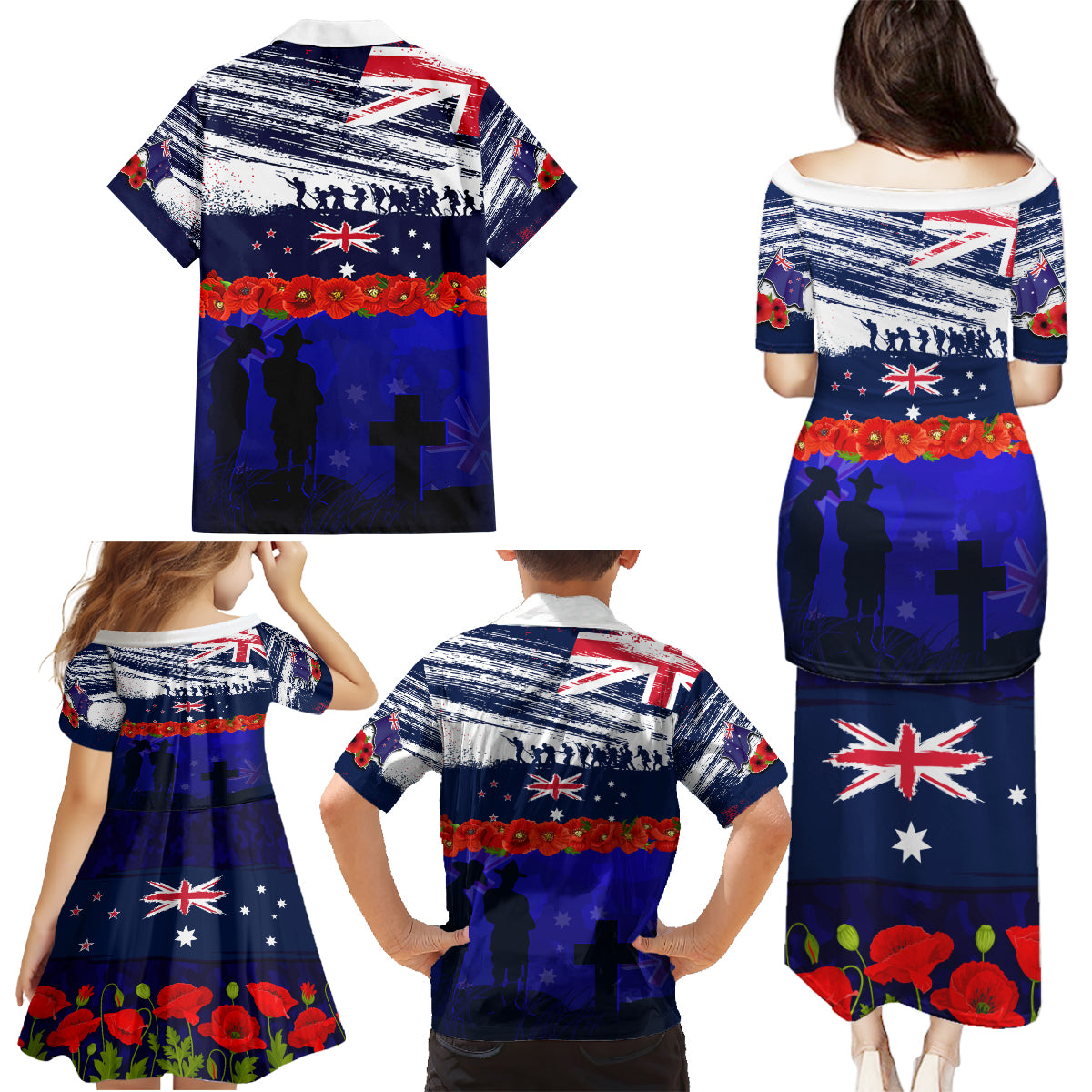 New Zealand and Australia ANZAC Day Family Matching Puletasi and Hawaiian Shirt Lest We Forget Red Poppy Flowers and Soldier