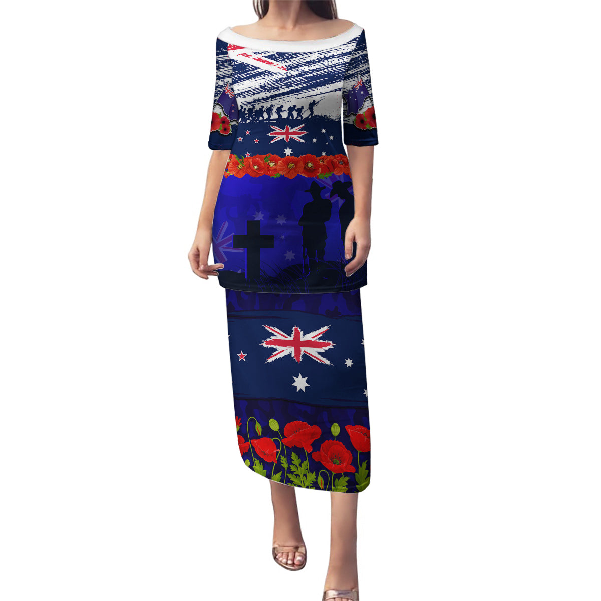 New Zealand and Australia ANZAC Day Family Matching Puletasi and Hawaiian Shirt Lest We Forget Red Poppy Flowers and Soldier